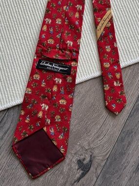 [SOLD] Salvatore Ferragamo Village Scene Elephants Silk Red Tie